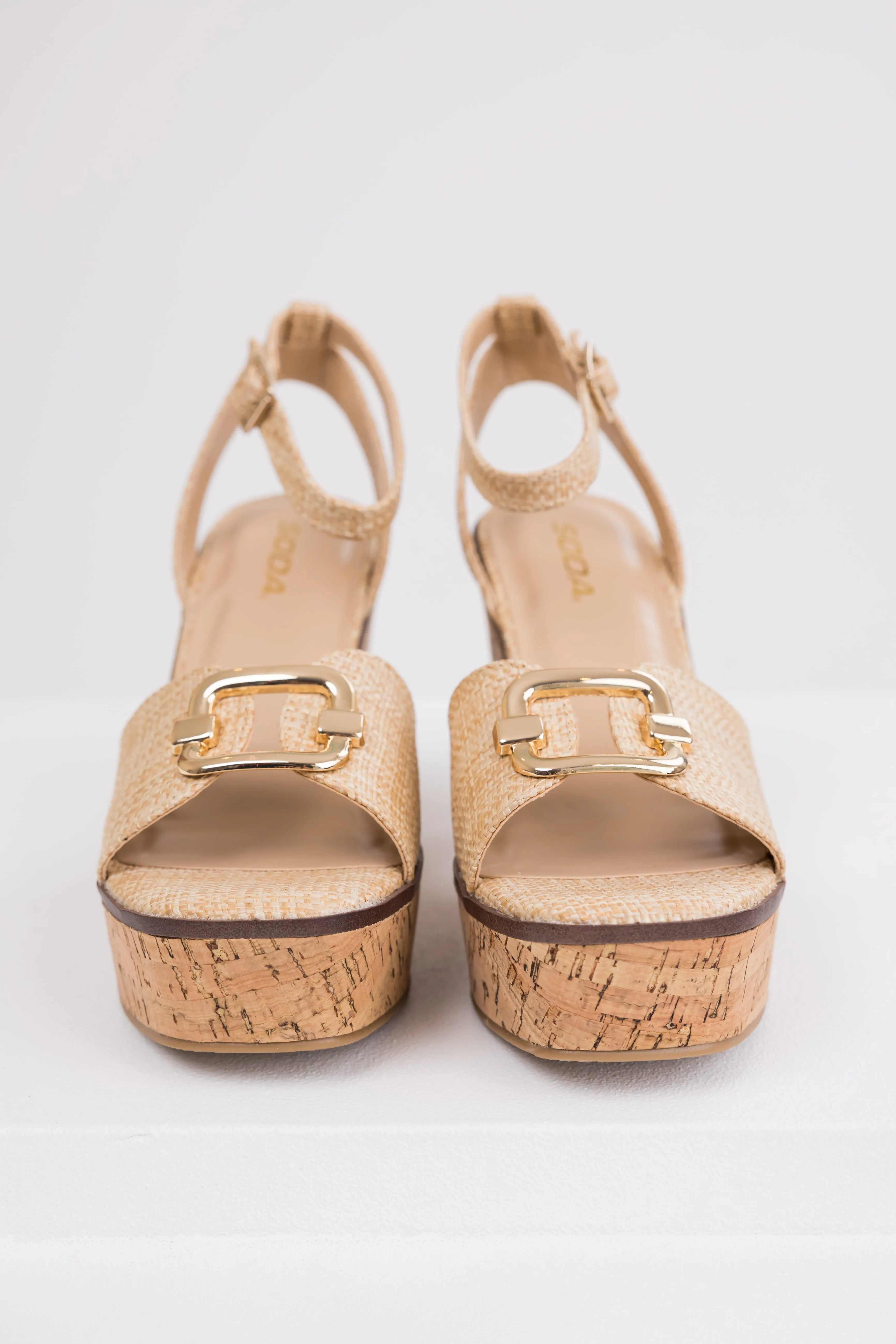 Beige Open Toe Wedges with Gold Buckle Detail