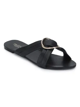 Black PU Twisted Strap Buckled Slip-on Flats