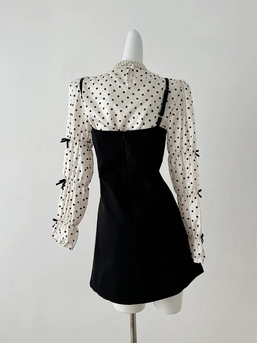 Long Sleeve Polka Dot Blouse   Black Cami Dress Two Piece Set