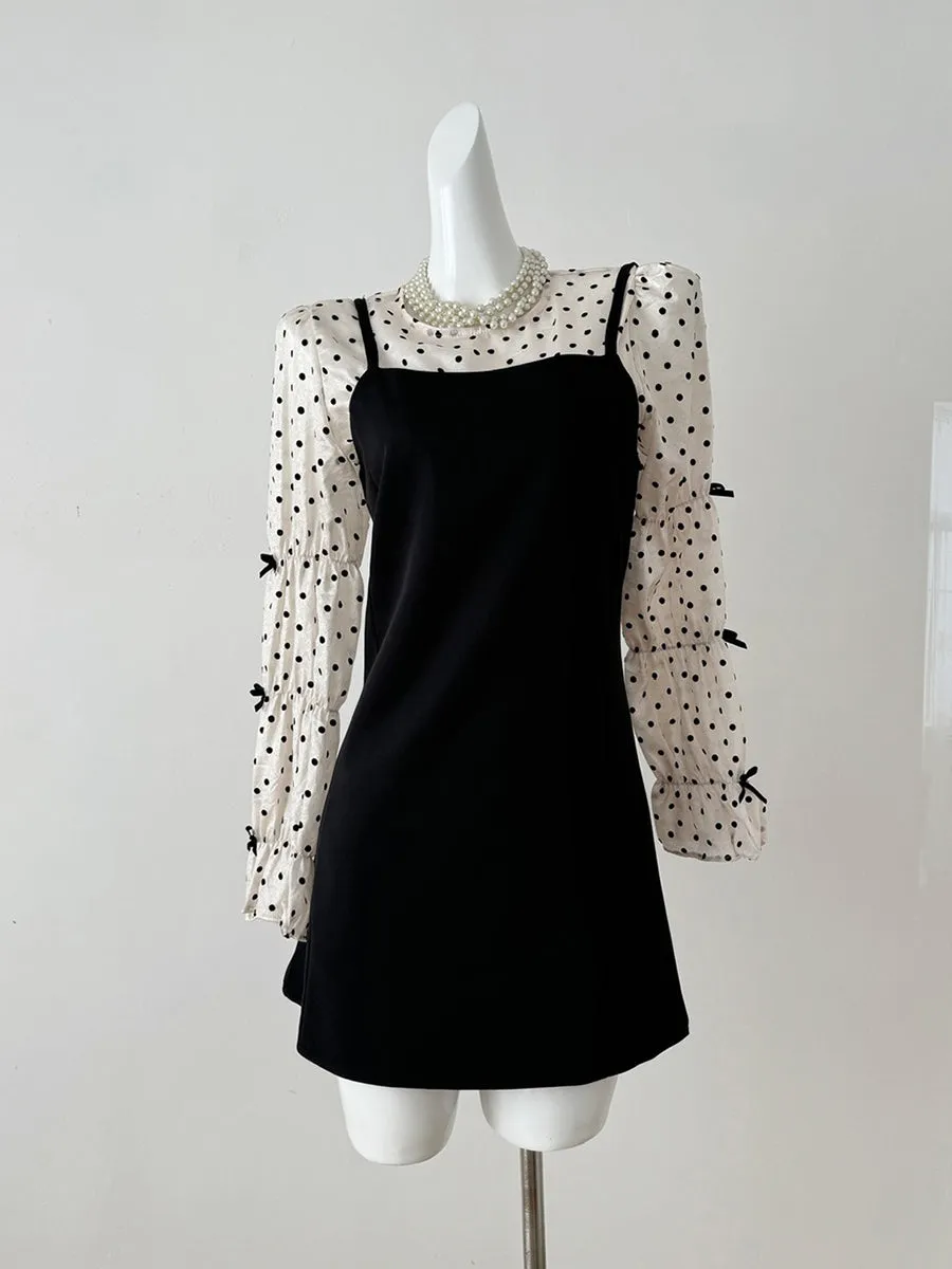Long Sleeve Polka Dot Blouse   Black Cami Dress Two Piece Set