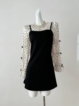 Long Sleeve Polka Dot Blouse   Black Cami Dress Two Piece Set