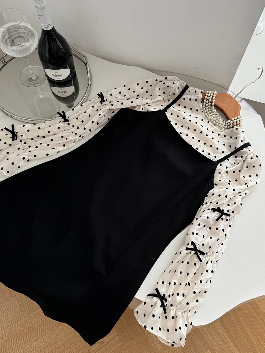 Long Sleeve Polka Dot Blouse   Black Cami Dress Two Piece Set