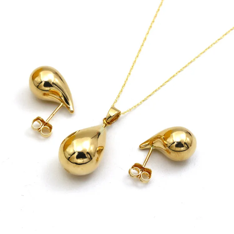 Real Gold 3D Large Plain Teardrop Earring Set 9175 With Pendant 5083 Chain 5083 SET1085