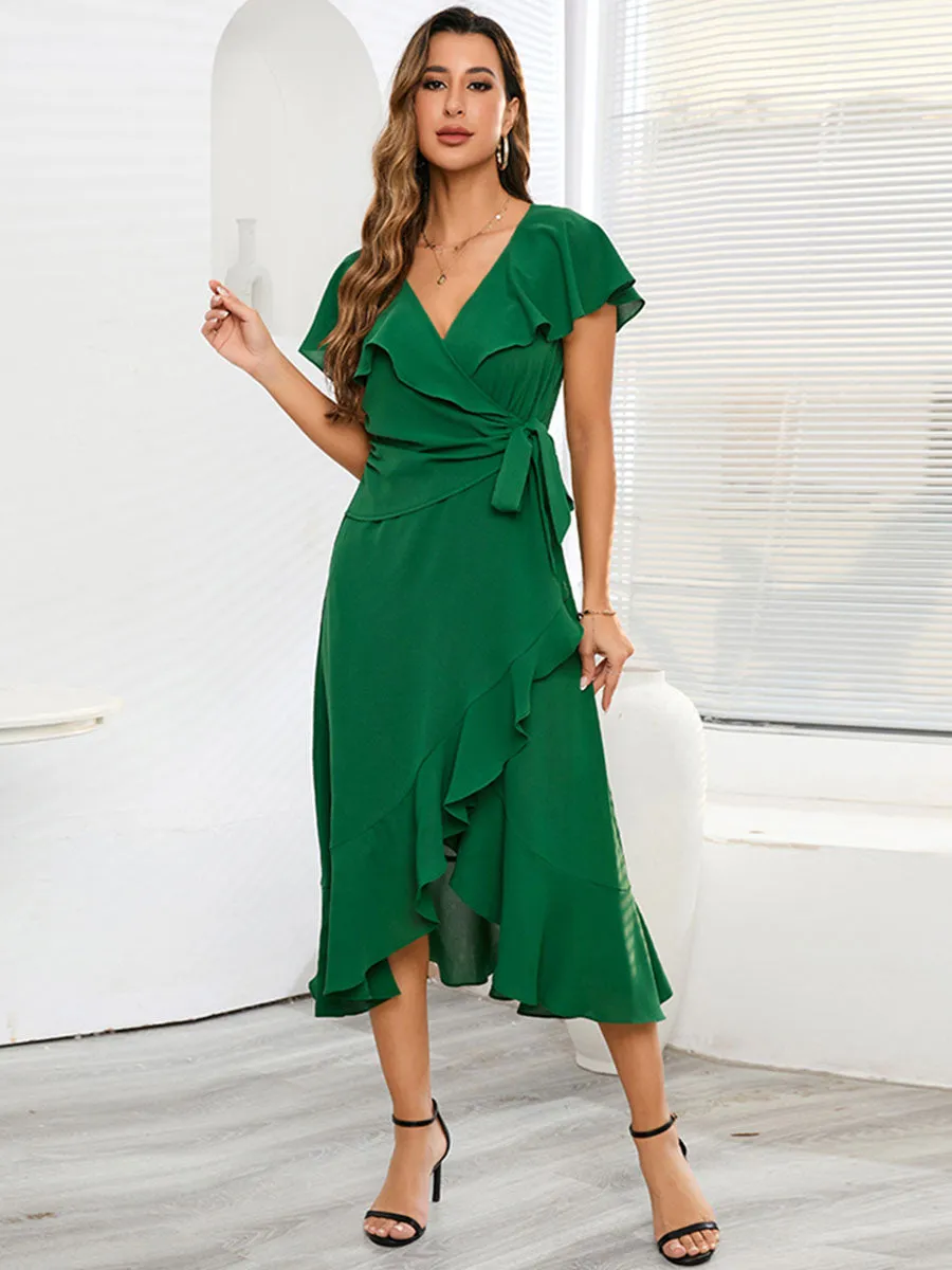 Ruffles Split Skirt V Neck Solid Color Cap Sleeves Boho Dress