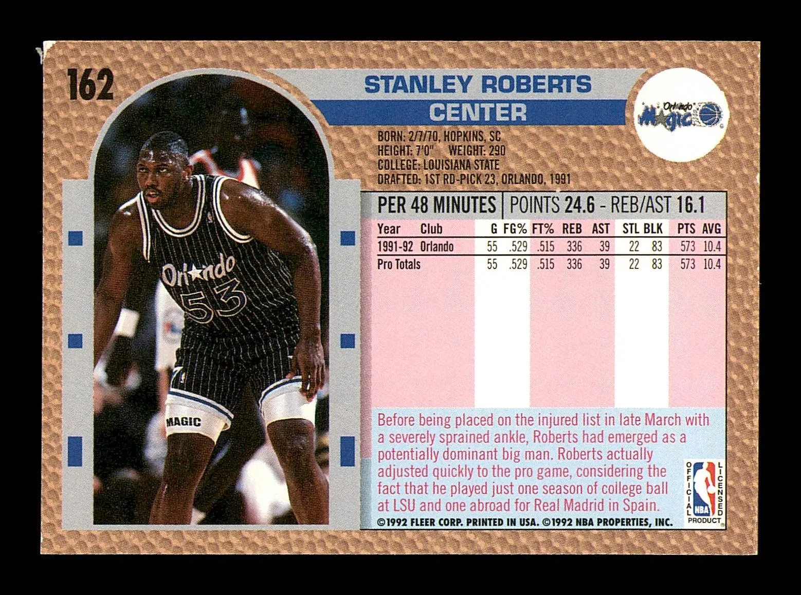Stanley Roberts Autographed 1992-93 Fleer Card #162 Orlando Magic SKU #183328