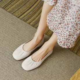 Women Solid Pleated Soft Flats Leather Shoes