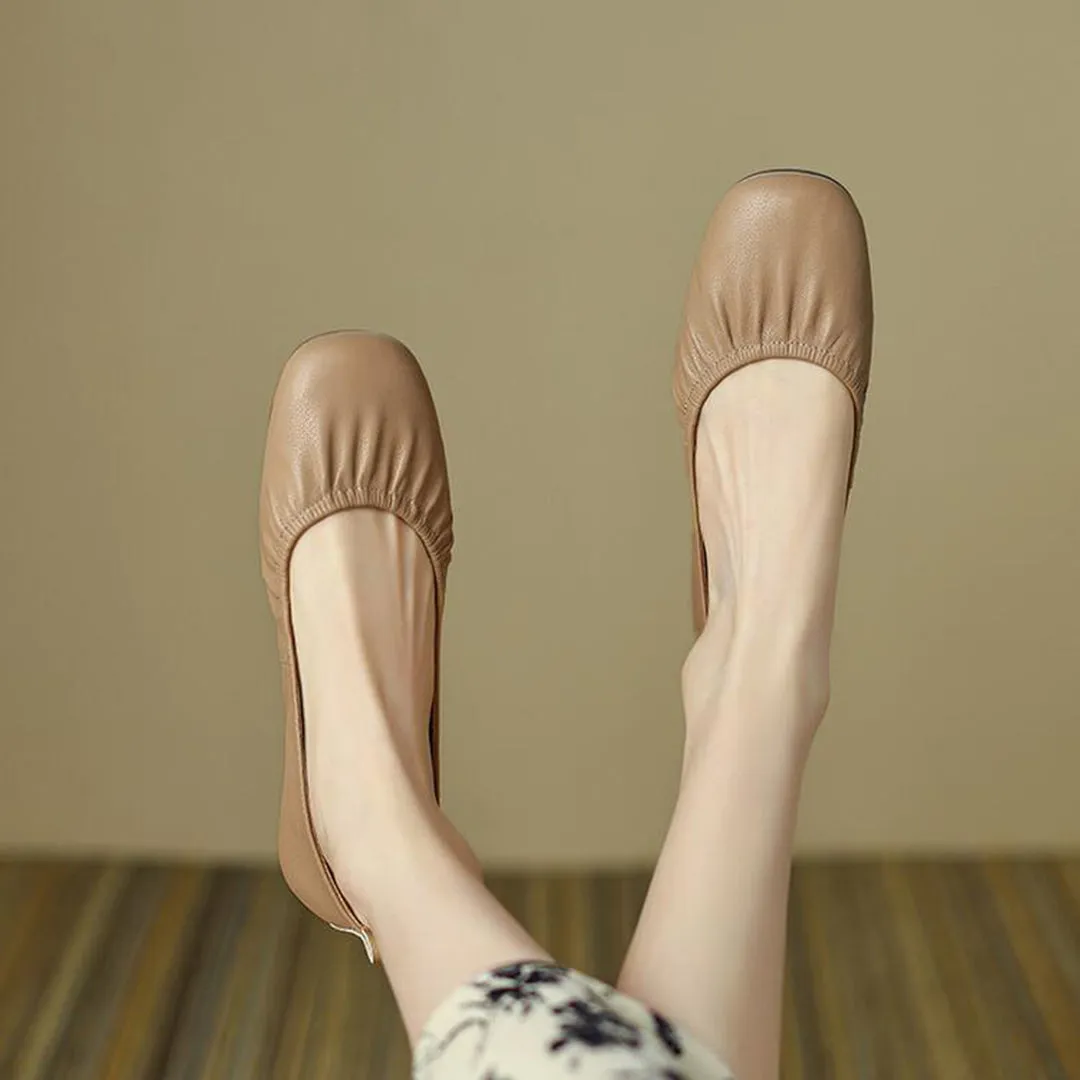 Women Solid Pleated Soft Flats Leather Shoes