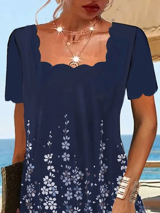 Women's Casual Dress Summer Dress Print Dress Floral Print Square Neck Mini Dress Active Fashion Outdoor Daily Short Sleeve Regular Fit Navy Blue Summer Spring S M L XL XXL